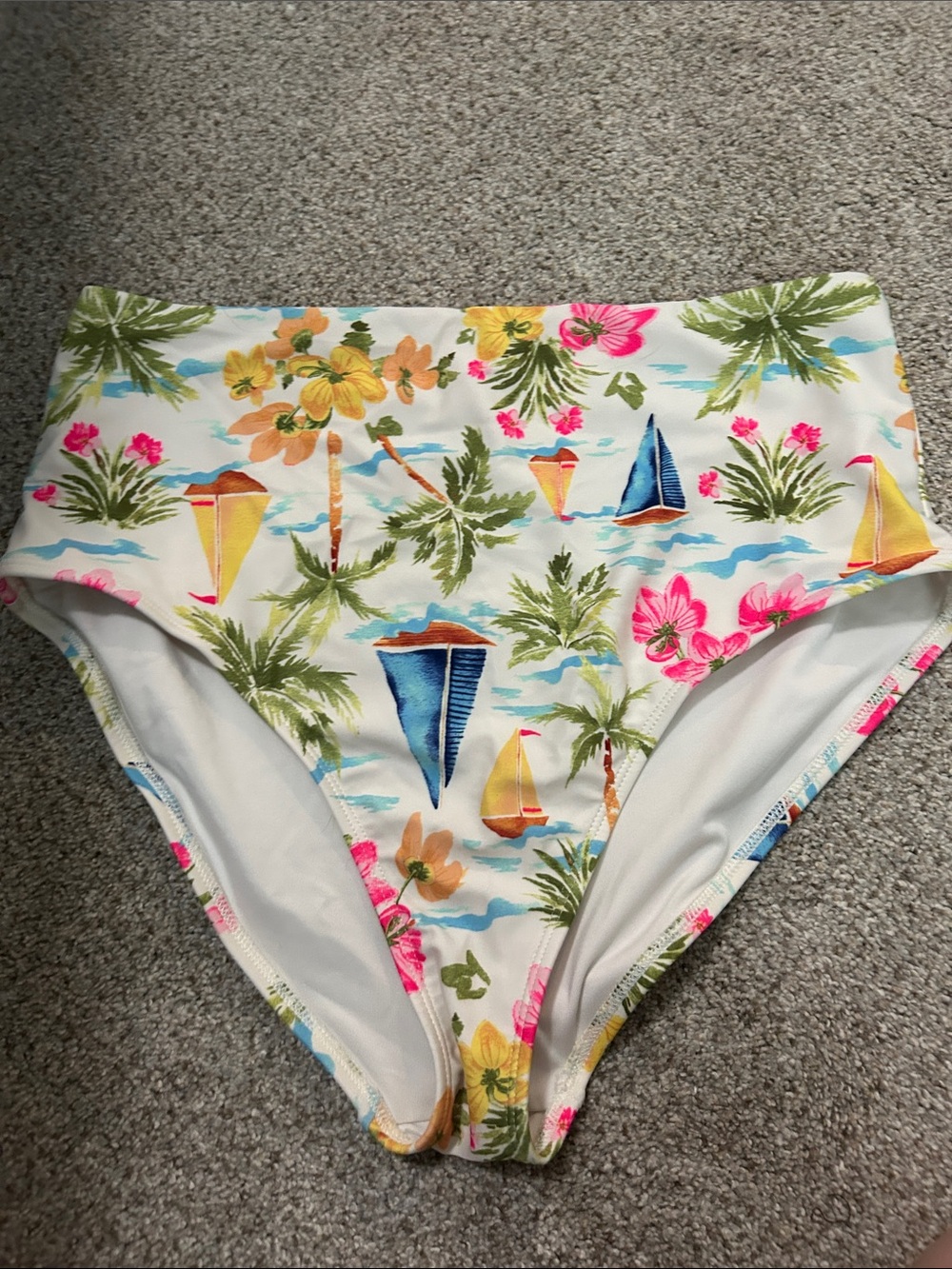 High-Waist Tropical Floral & Sailboat Bikini Bottoms - Multicolor